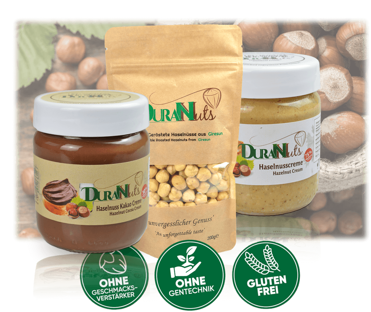 DuranNuts Haselnuss-Starter Bundle featuring hazelnut cream, roasted nuts, and packed with quality and natural flavor.