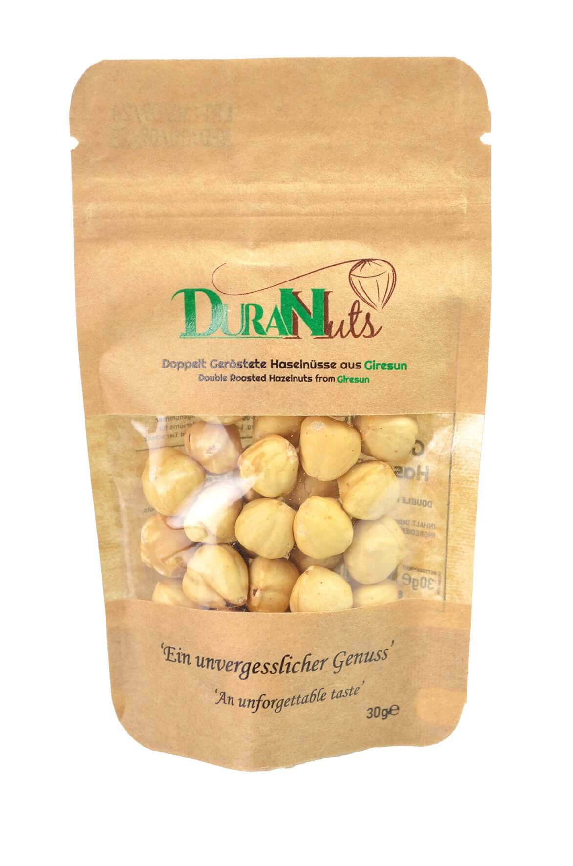 Klein doppelt geröstete Haselnüsse aus Giresun in 30g Verpackung, ideal für Snacks und Backwaren.