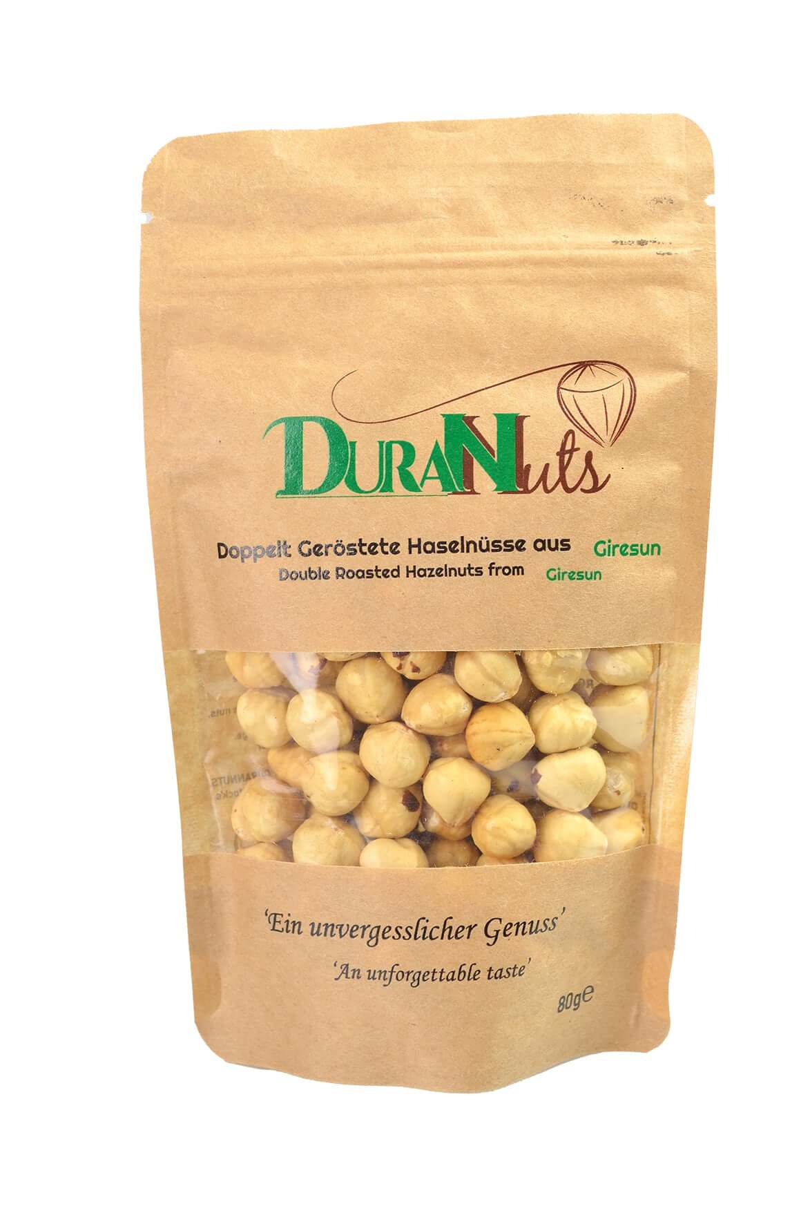 Mittel doppelt geröstete Haselnusskerne aus Giresun in 80g Packung - intensiver Geschmack und perfekte Röstung.