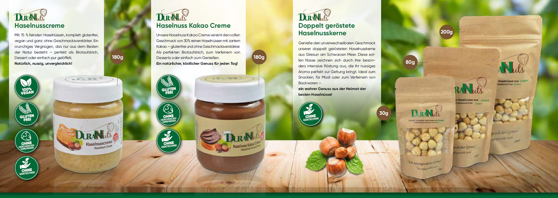 Showcasing DarN hazelnut products, including spread and roasted hazelnuts, on a natural wooden surface.