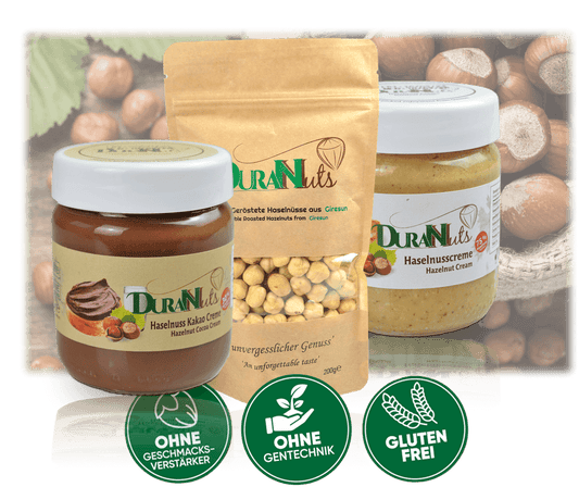 DuranNuts Haselnuss-Starter Bundle featuring hazelnut cream, roasted nuts, and packed with quality and natural flavor.