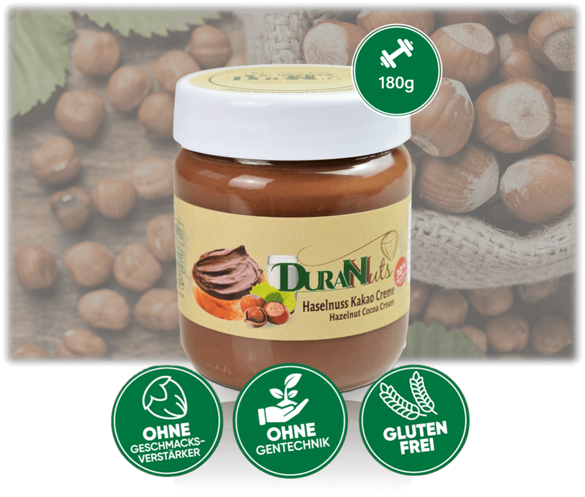 Haselnuss Kakao Creme 180g in a jar, featuring gluten-free, no additives, and non-GMO labels, with hazelnuts in the background.