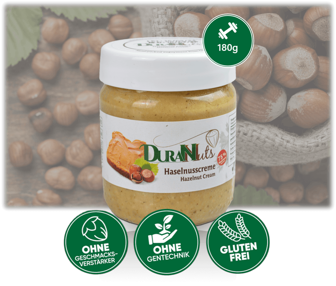 Haselnusscreme 180g von DuraNuts, 100% vegan, glutenfrei, ohne Geschmacksverstärker, perfekt als Brotaufstrich.