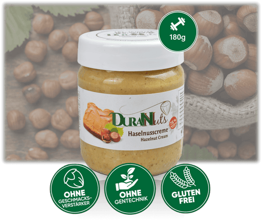 Haselnusscreme 180g von DuraNuts, 100% vegan, glutenfrei, ohne Geschmacksverstärker, perfekt als Brotaufstrich.